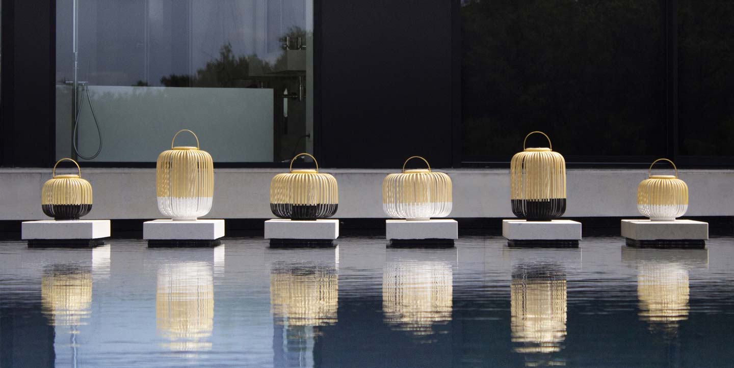 lampade senza fili in bamboo a bordo piscina