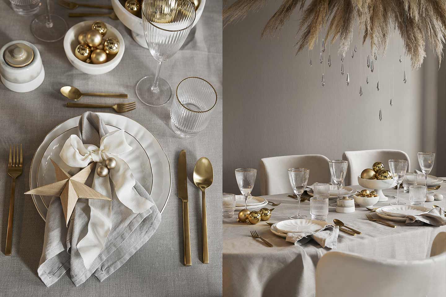 tavola di natale elegante in bianco e oro