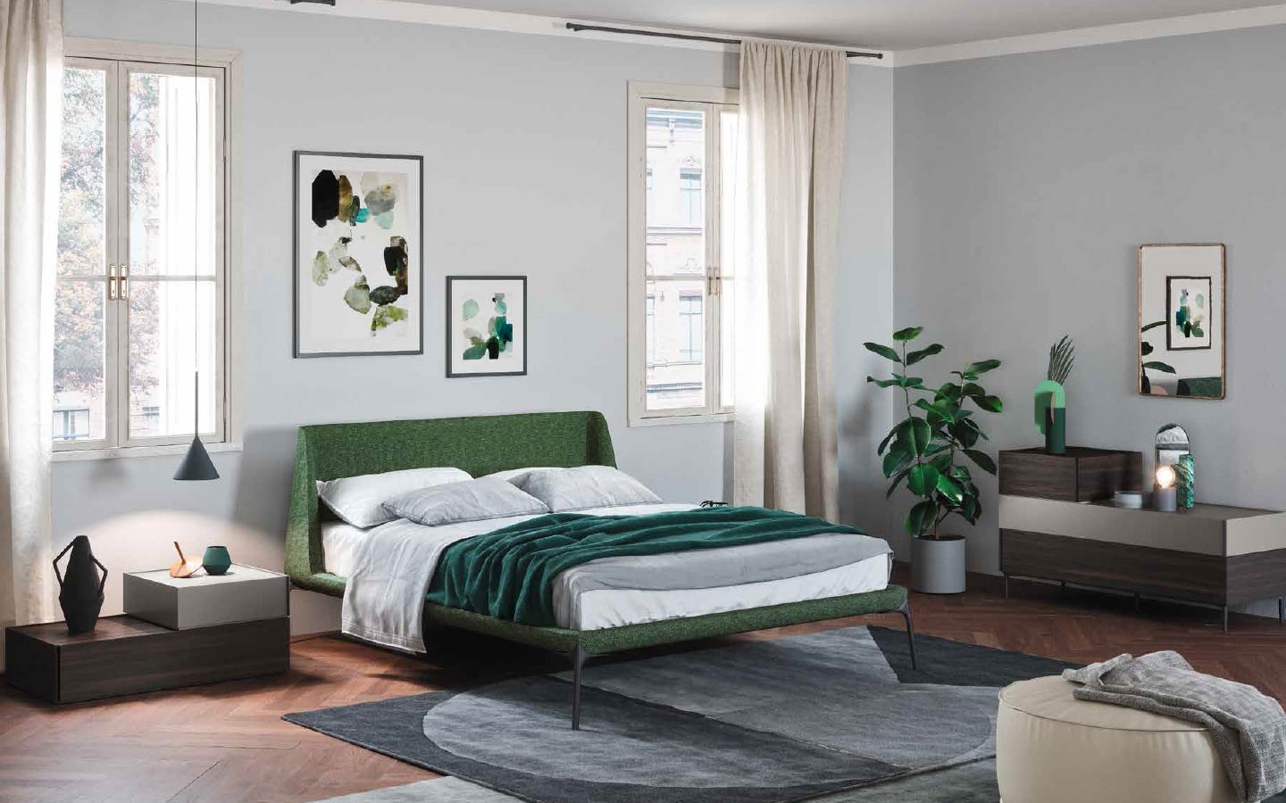 camera da letto moderna sui toni del verde di Novamobili